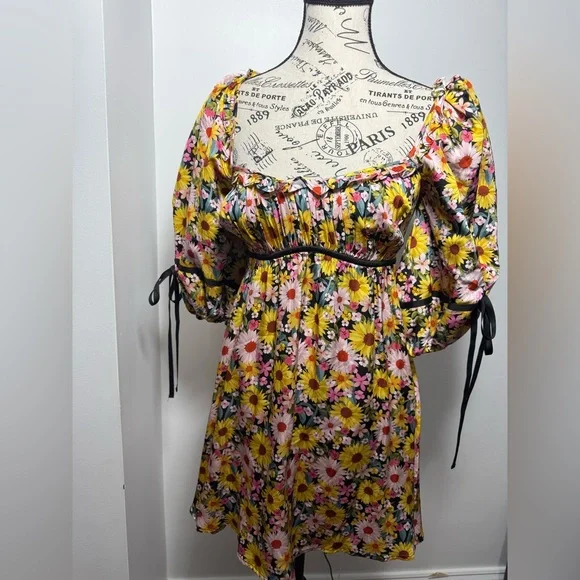 For Love & Lemons Daisy Floral Babydoll Mini Dress Puff Sleeve Cottagecore